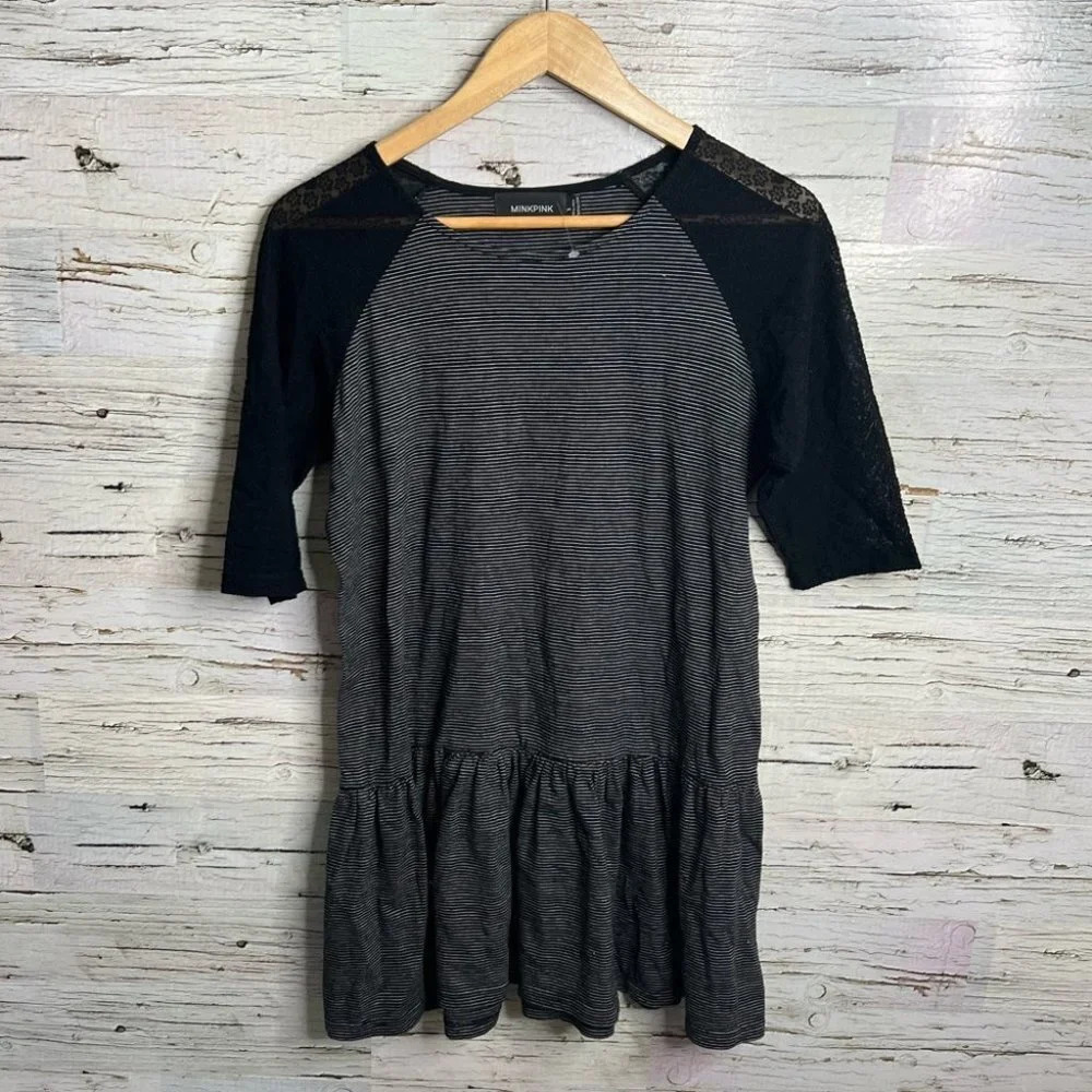 Minkpink gray black striped lace dress mini size small
